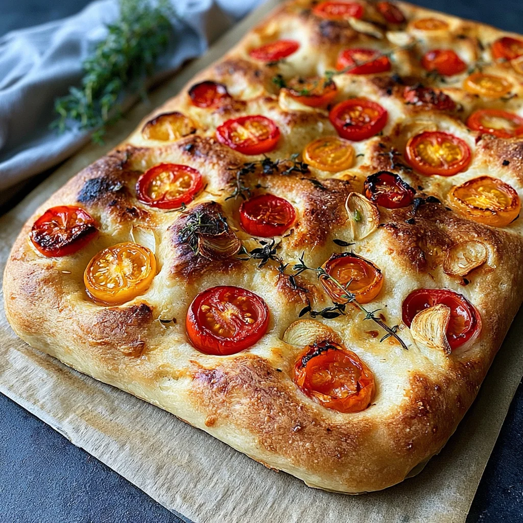 Köstliche Focaccia mit Tomaten, Knoblauch und Thymian – einfaches Rezept für Genuss!
