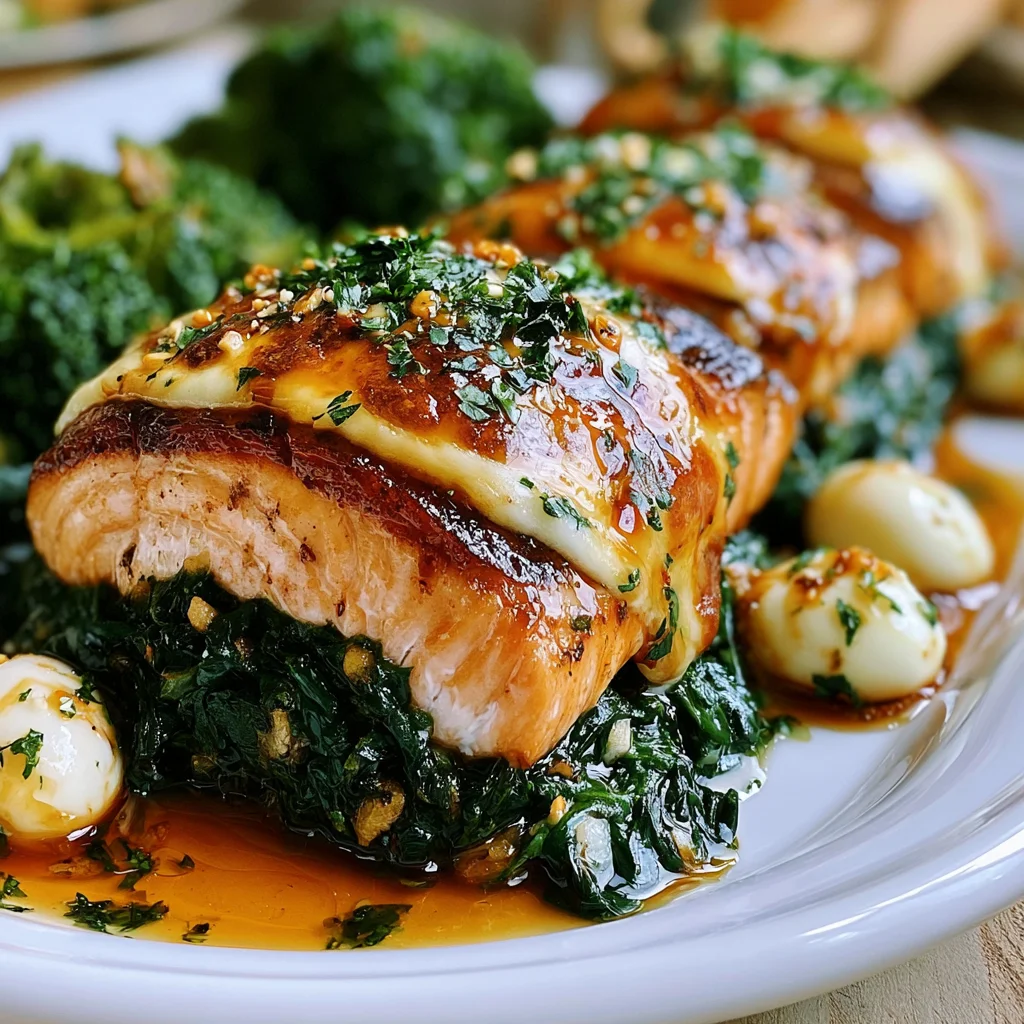 Saftiger gebratener Lachs mit Spinat und Mozzarella – das einfache Rezept für dein gesundes Abendessen!